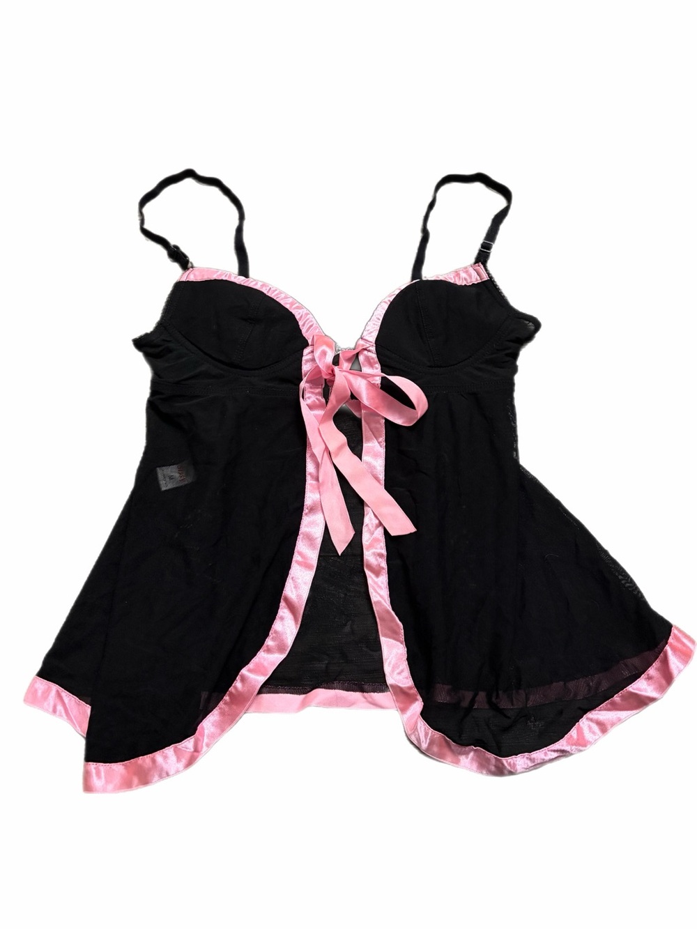 90s/Y2K European Vintage Sheer Ruffle Tie Front Babydoll Cami Top (Black/Pink) M